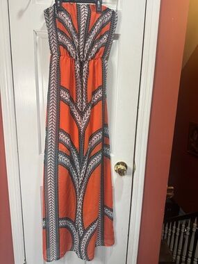 Charlotte Russe Orange Strapless Maxi Dress with Black & White Geometric Print